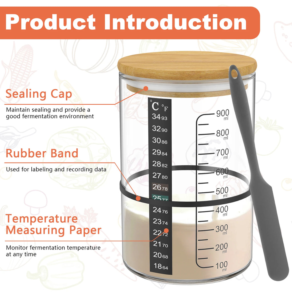 9Pcs Sourdough Starter Jar Kit 900ML Sourdough Starter Container Reusable Wide Mouth Glass Sourdough Fermentation Jar for Baking