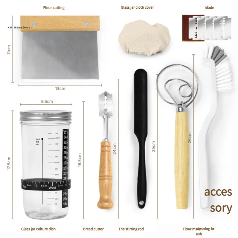 650ml Sourdough Starter Kit Glass Jar 9in Rattan Proofing Basket Bread Baking Tools Fermentation Set Kitchen Artisan Bread