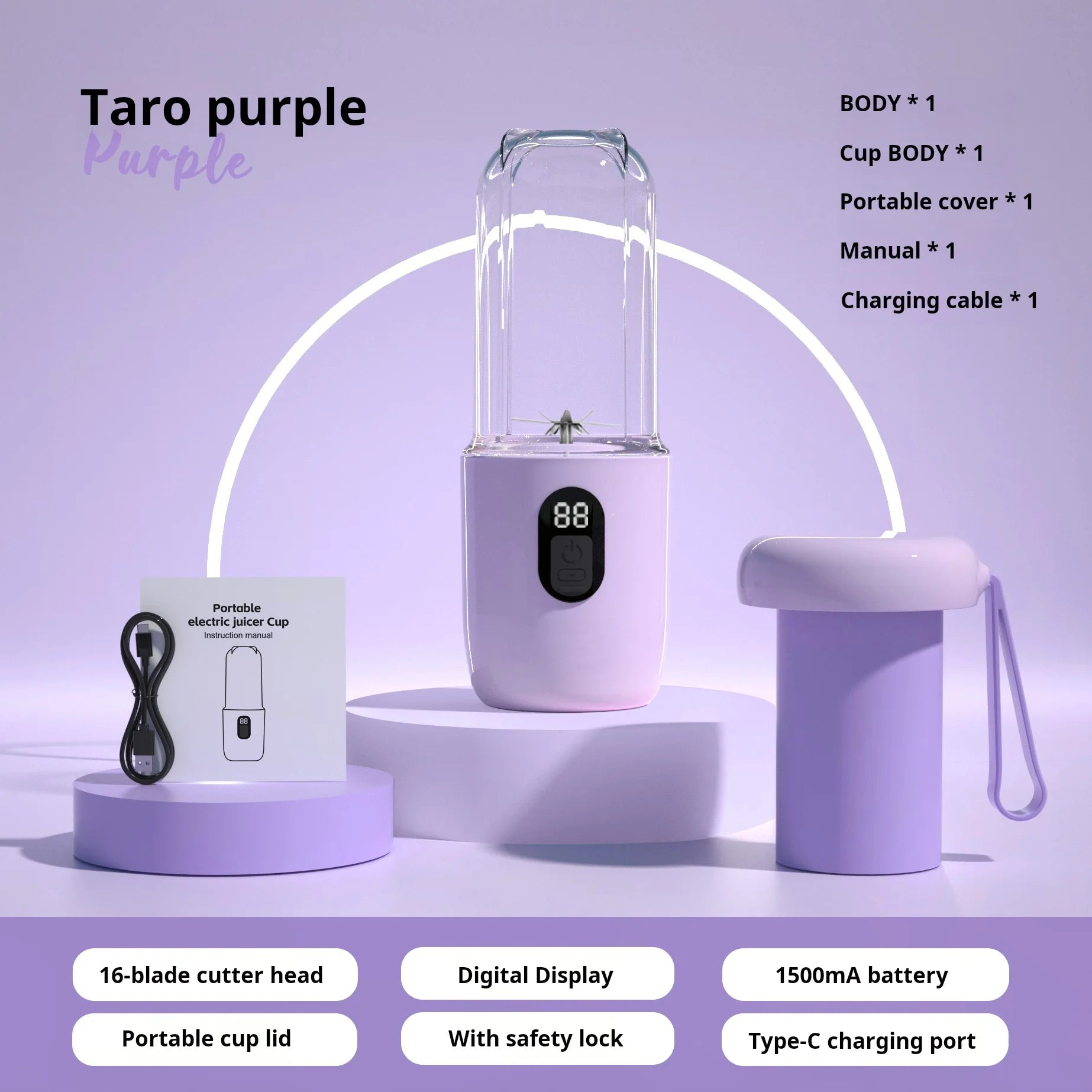 Portable Blender with Lid 500ML Rechargeable Wireless Orange Juicer 16 Stainless Blades USB Smoothie Vegetables Fruits Mixer