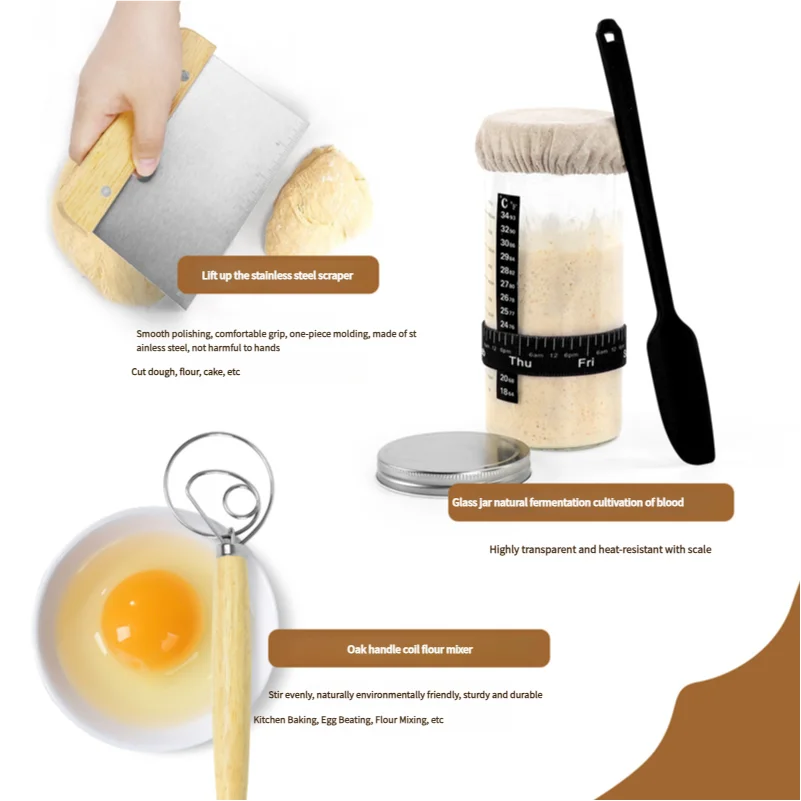 650ml Sourdough Starter Kit Glass Jar 9in Rattan Proofing Basket Bread Baking Tools Fermentation Set Kitchen Artisan Bread