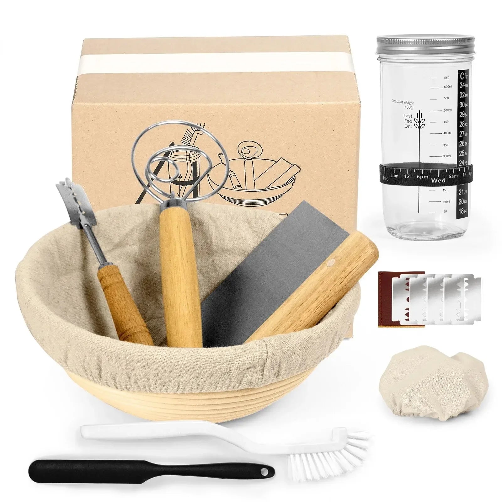 650ml Sourdough Starter Kit Glass Jar 9in Rattan Proofing Basket Bread Baking Tools Fermentation Set Kitchen Artisan Bread