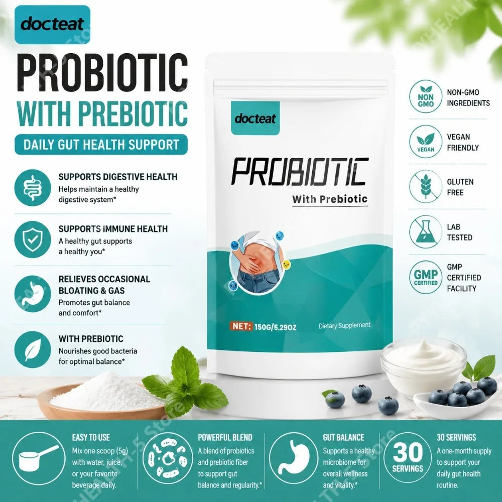 Docteat Probiotic Powder with Prebiotic, 5g Scoop, 30 Servings, 150g Net Weight, Supports Digestive Balance, Daily Energy Levels
